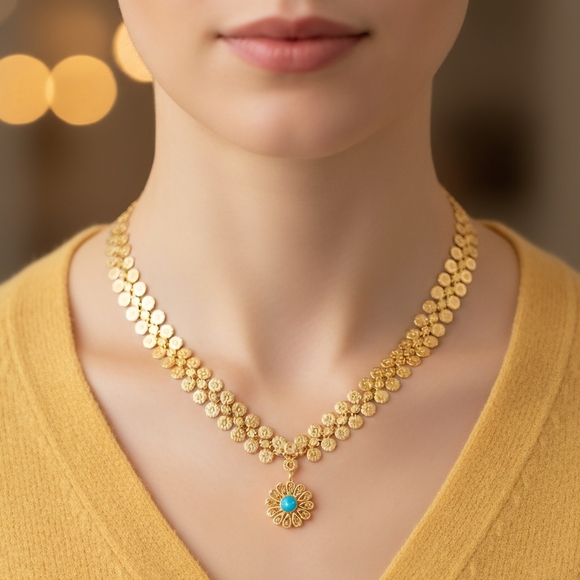 ๐18K Stainless Steel Vintage Boho Chic Flower Necklace Flower Turquoise Charm - Picture 1 of 11